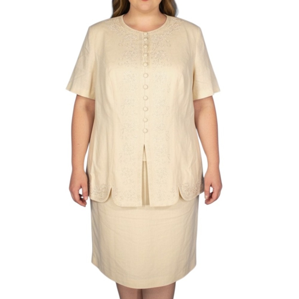 KARIN STEVENS Ivory LINEN BLEND Faux Button EMBELLISHED PEARLS Shift Dress 16W